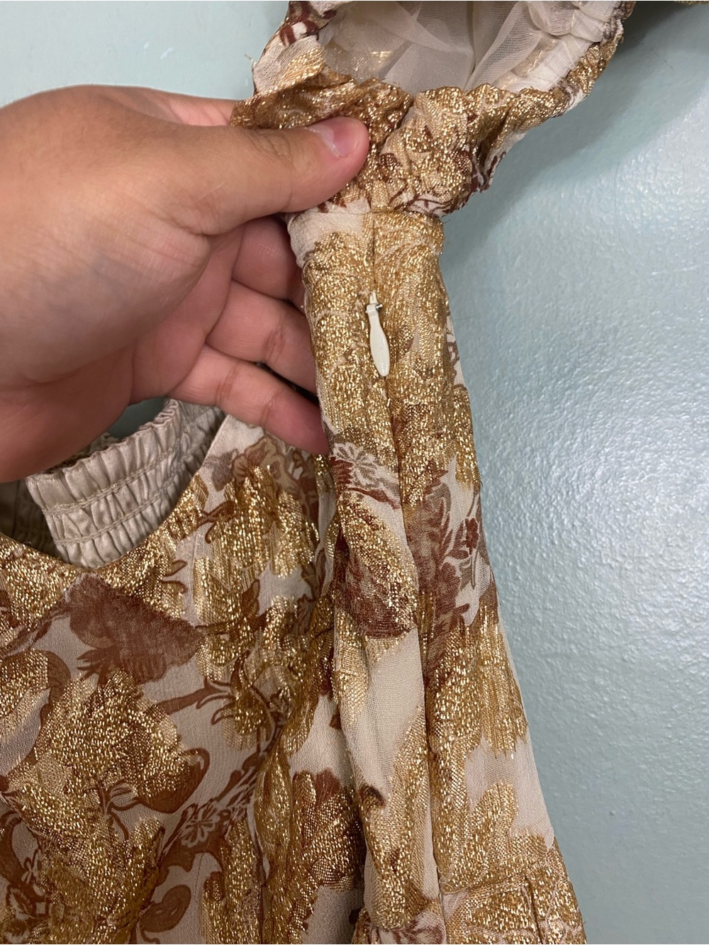 BHLDN Lurex Printed Tiered Puff Sleeve Dress Gold Metallic Size Large - Picture 5 of 11